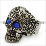 Antique Silver Stainless Steel Blue Eyes Flower Skull Ring r004304