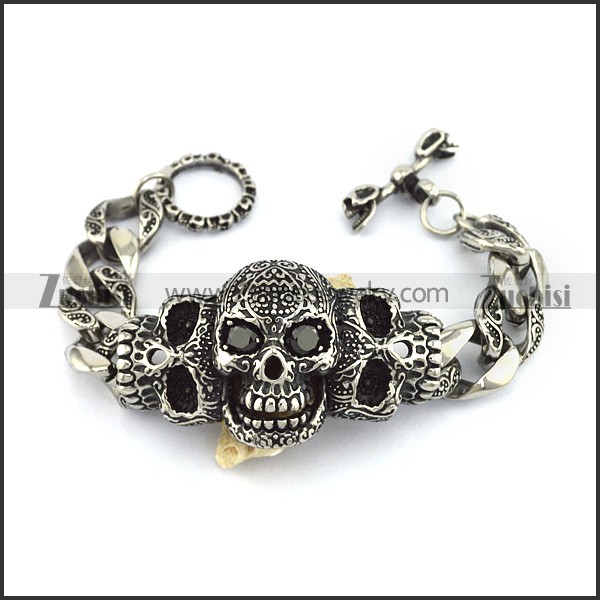 Mens Curb Chain Bracelet with Vintage Sugar Skulls Charm Black Cubic Zirconia Eyes b004133