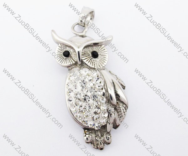 Clear Stone Stainless Steel Night Owl Pendant - JP420026