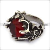 Stainless Steel Skull Engagement Ring with Clear Red Facted Stone r002705