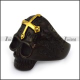 Gold Cross on the Forehead of Black Skull Ring r002954
