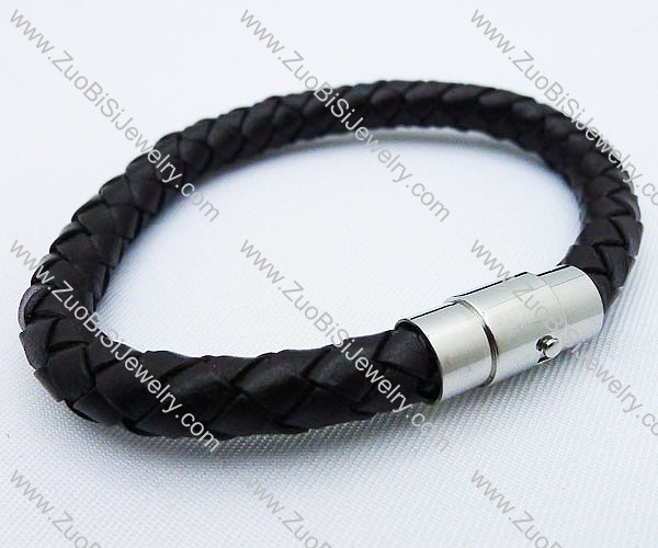 6MM Wide Black Stainless Steel Leather Bracelet - JB030063