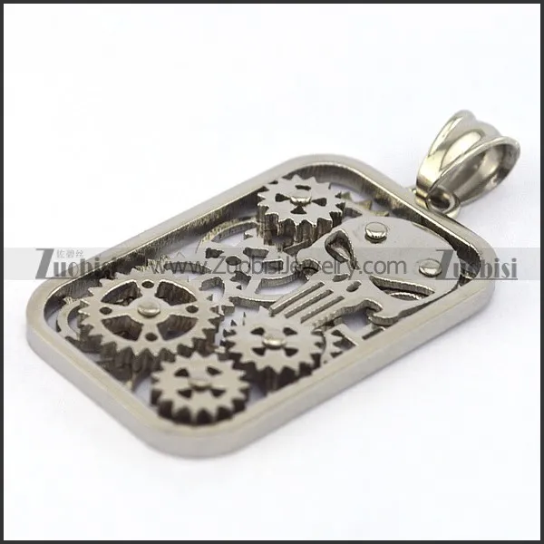 hollow tag pendant with skull and gear wheels p003184