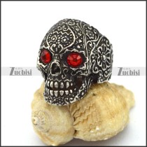 Antique Stainless Steel Flower Skull Ring with Red Rhinestone Eyes r003294