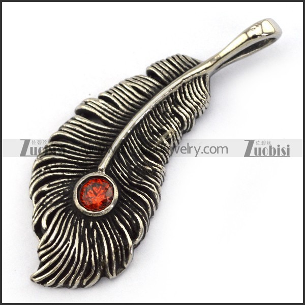 50MM Vintage Steel Feather Pendant with Red Rhinestone p004214