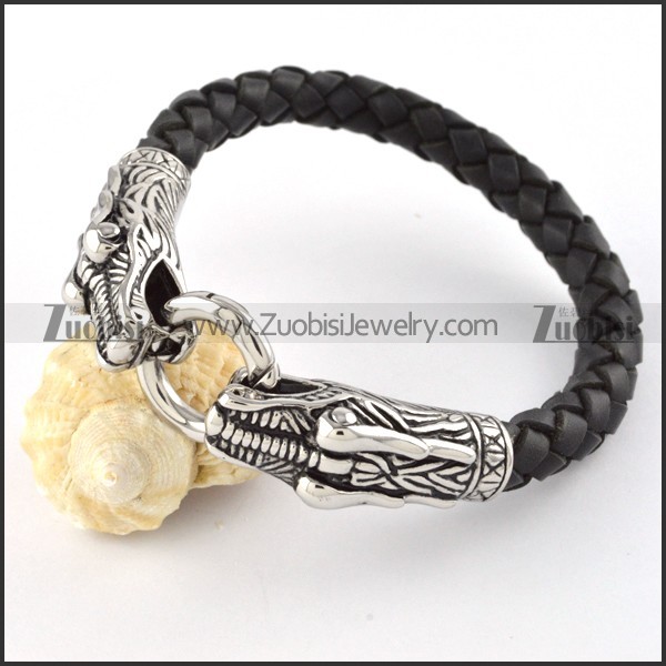 PU Leather Stainless Steel Double Dragon Heads Bracelet - b000441