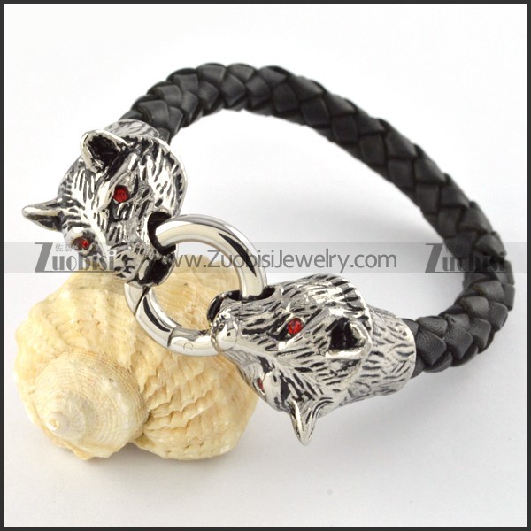 Woven PU Leather Stainless Steel Panther Bracelet - b000442