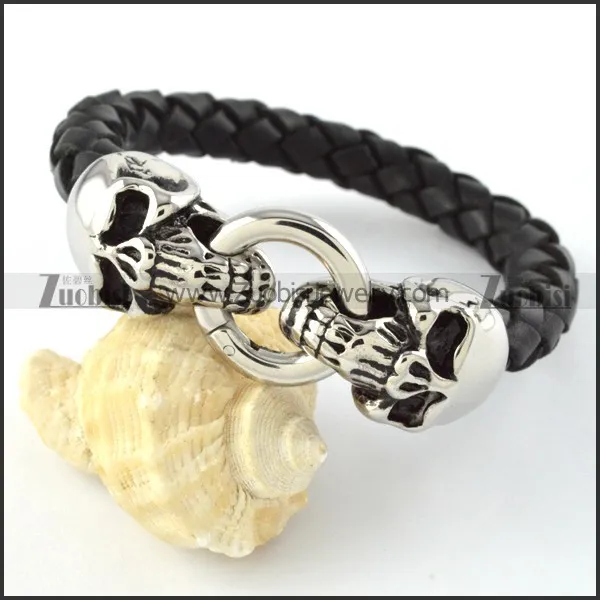 Real Leather Stainless Steel Double Skulls Head Bracelet - b000448