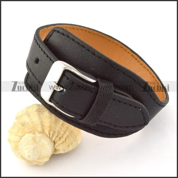 32mm Wide Black Leather Bracelet with Stainless Steel Watch Buckle b000686