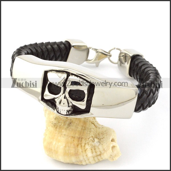 Black Leather Skull Bracelet for Men -b001009