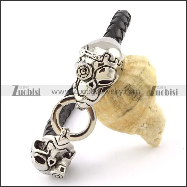 Two Skull Heads Bracelet with Leather Cord -b001325