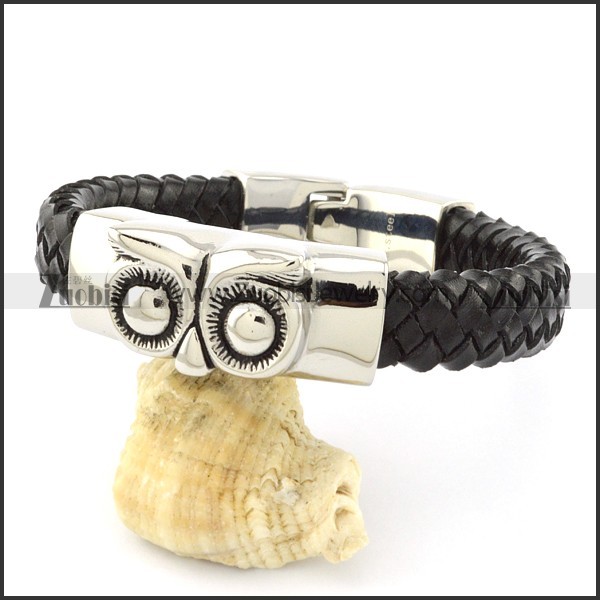 Black Leather Owl Bracelet for Men -b001004