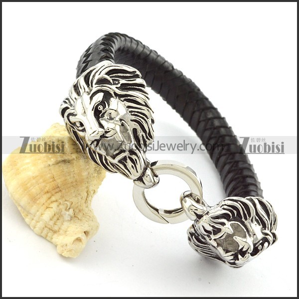 Two Lion Heads Bracelet with Leather Cord -b001327