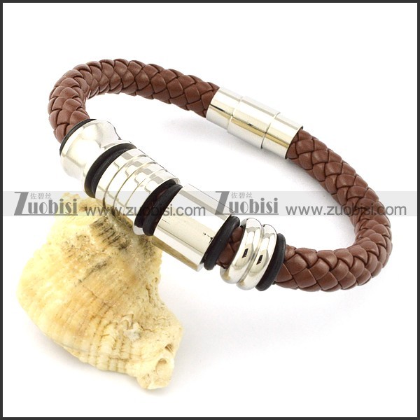 braided leather bracelet in brown tone with 4 small steel tube -b001462