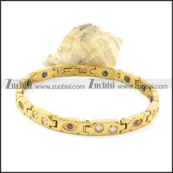 gold plating stainless steel bracelet CNC clear stones b001682