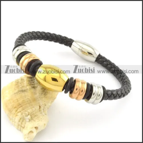 210 length black leather bracelet with 3 plating steel accessories b001608