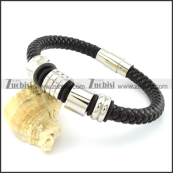 leather bracelets in black color with 4 steel metal accessories for men -b001461