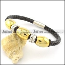 gold tone black leather stainless steel bracelets b001602
