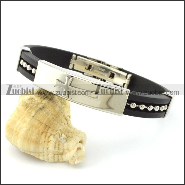 rubber bracelets in black color with steel metal stamping a cross -b001463