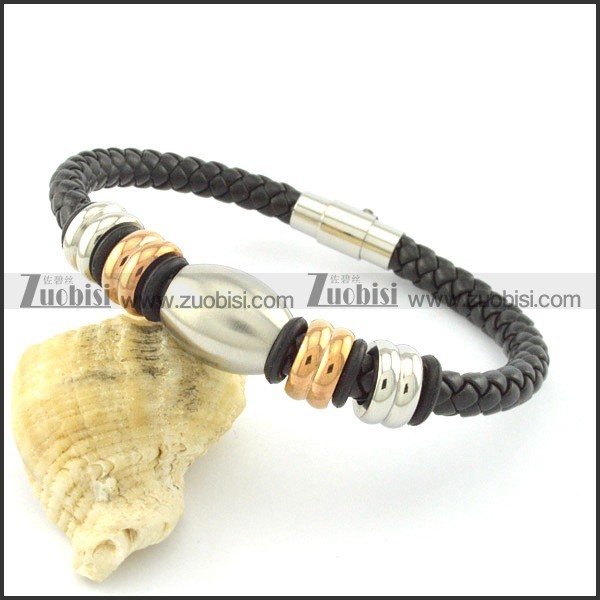 rose gold black leather stainless steel bracelets b001604