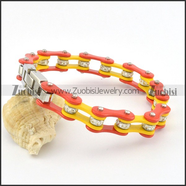 red and yellow motorcycle chain bracelet with clear crystals ball and steel tone clasp b002060