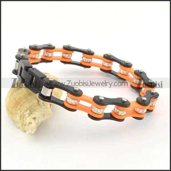 two tone black and orange biker chain bracelet with top grade crystal ball for unisex b002059