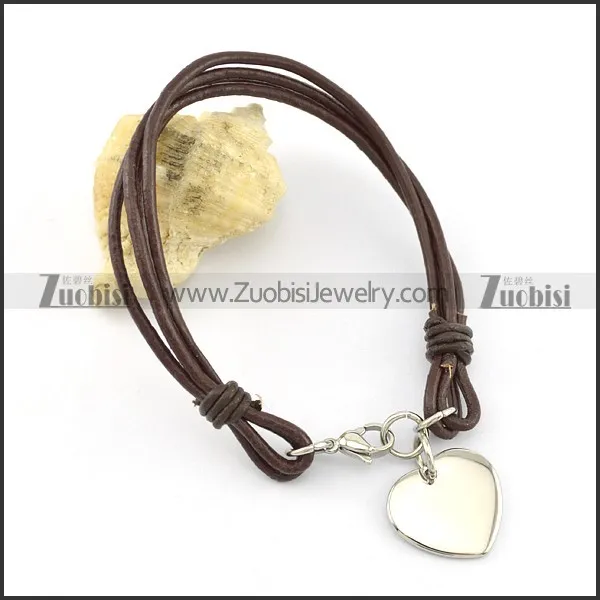 Stainless steel heart-shaped pendant Brown Leather Rope Bracelet b002306