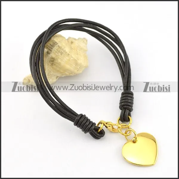 A gold-plated heart Stainless Steel Pendant Leather Rope Bracelet b002310