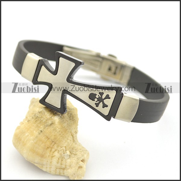 Crossbone Rubber Bracelet with Big Stainless Steel Cross Charm b002977