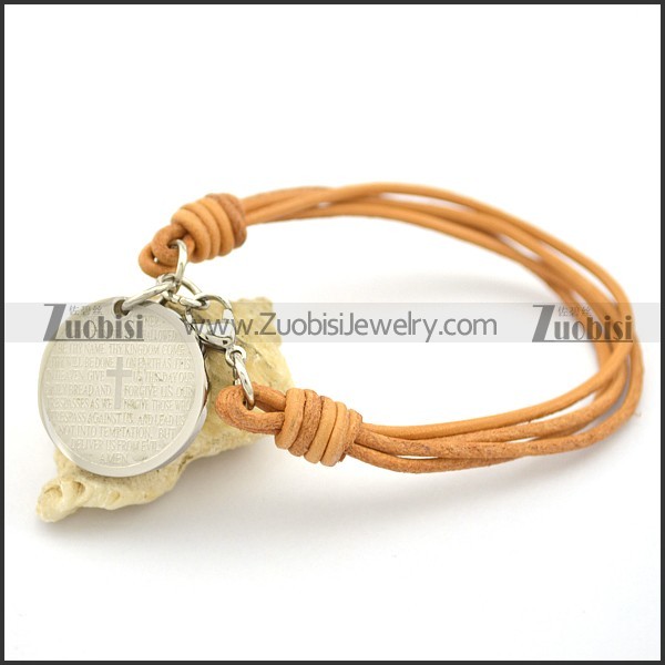 4 Light Brown Wax Cord Bracelet with Lection Round Charm b003106