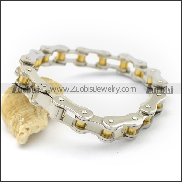 Gold and Steel Tone Bike Chain Bracelet with Melon Seed Buckle b003484