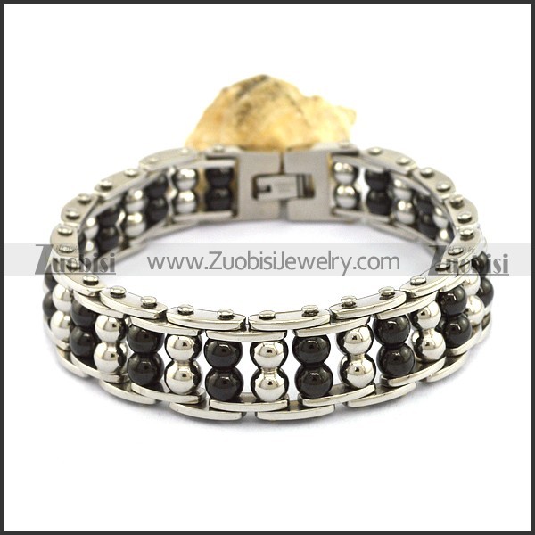 2 Steel Balls 1 line in Silver and next in Black Bike Bracelet b003993