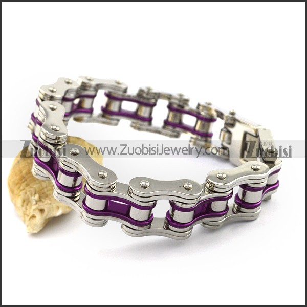 Silver Stainless Steel Bicycle Chain Bracelet with Purple Piece b004131