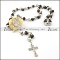 rosary necklace made in black and steel tone round beads -n000275