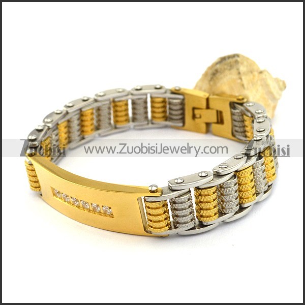 Gold Steel Bicycle Chain Bracelet with Clear Rhinestones ID Plate b004000