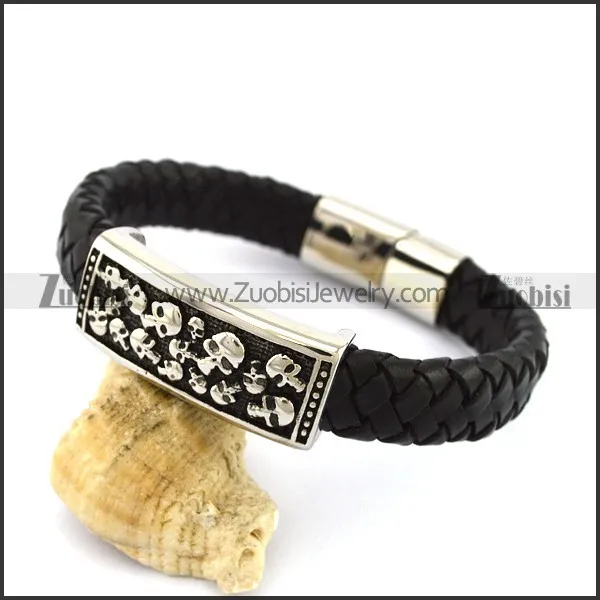 Black Genuine Leather Bracelet with Multi-Skull Heads Band b004055