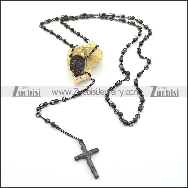 4mm black plating rosary chain necklace with Jesus cross pendant n000724