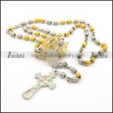 steel and gold tone spring bead rosary necklace with cross n000852