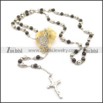 6mm black and steel tone rosary necklace with jesus cross n000725