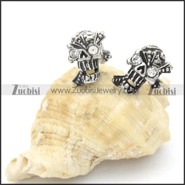 Stainless Steel Clear Zircon Skull Earrings -e000103
