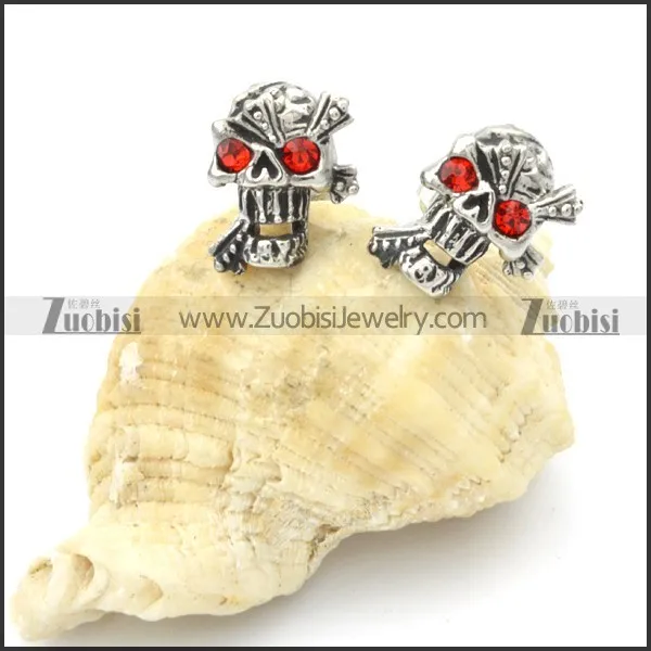 Stainless Steel Red Zircon Skull Earrings -e000104