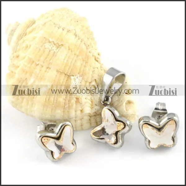 Clear Gold Crystal Butterfly Stainless Steel Jewelry Set -s000113