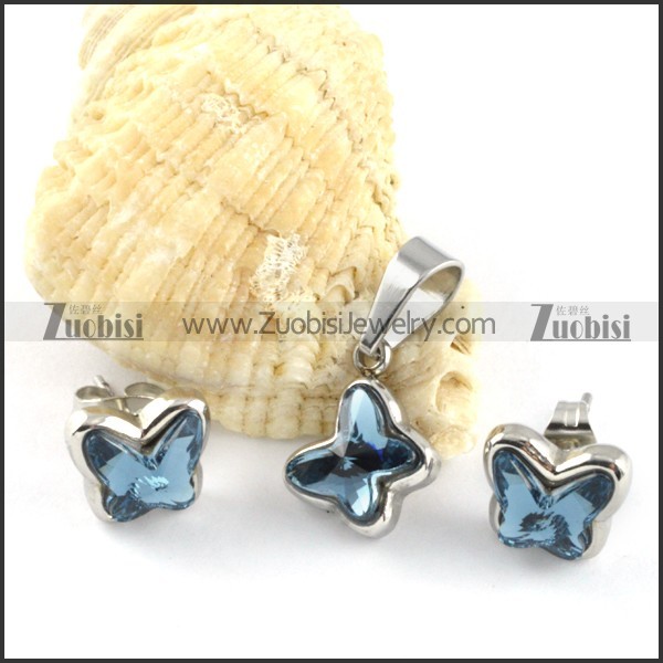 Clear Turquoise Crystal Butterfly Stainless Steel Jewelry Set -s000112