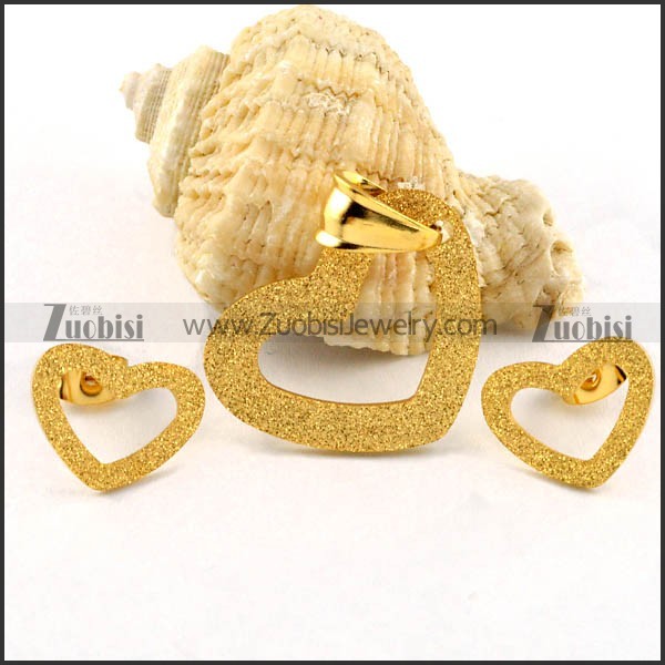 Gold Blasting Heart Stainless Steel jewelry set-s000090