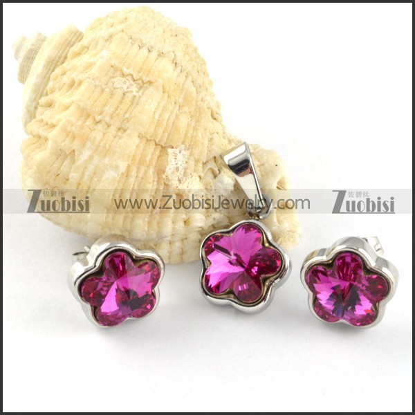 Clear Plum Crystal Flower Stainless Steel Jewelry Set -s000108