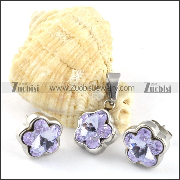 Clear Purple Crystal Flower Stainless Steel Jewelry Set -s000101