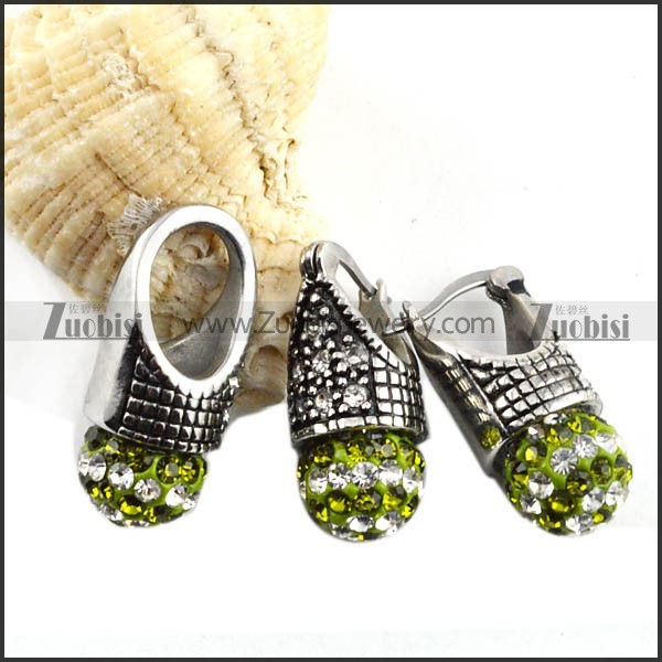 Stainless Steel jewelry set with Clear Green Crystal Ball -s000079