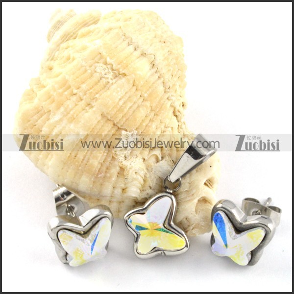 Clear Colorful Crystal Butterfly Stainless Steel Jewelry Set -s000109