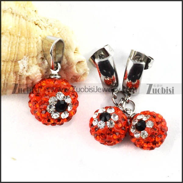 Stainless Steel jewelry set with Red Rhinestone Ball -s000076