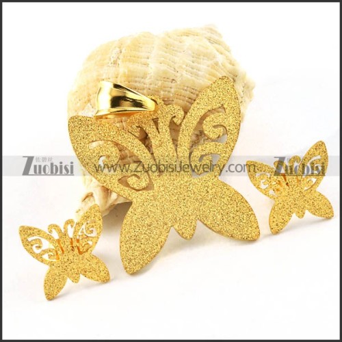 Gold Grit Blast Butterfly Stainless Steel jewelry set -s000093